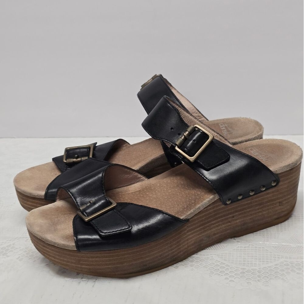 Dansko Selma Black Genuine Leather Studded Wedged Slide Sandals 9.5